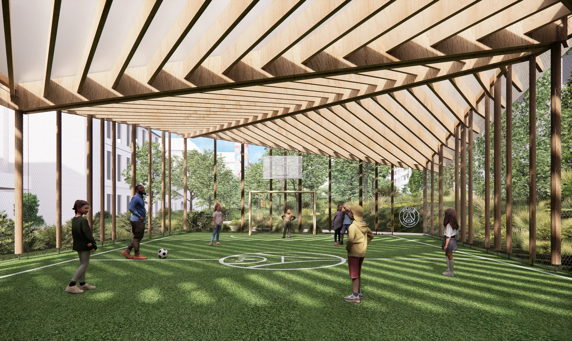 City stade intérieur — terrain de sport au cœur de l'École Rouge & Bleu