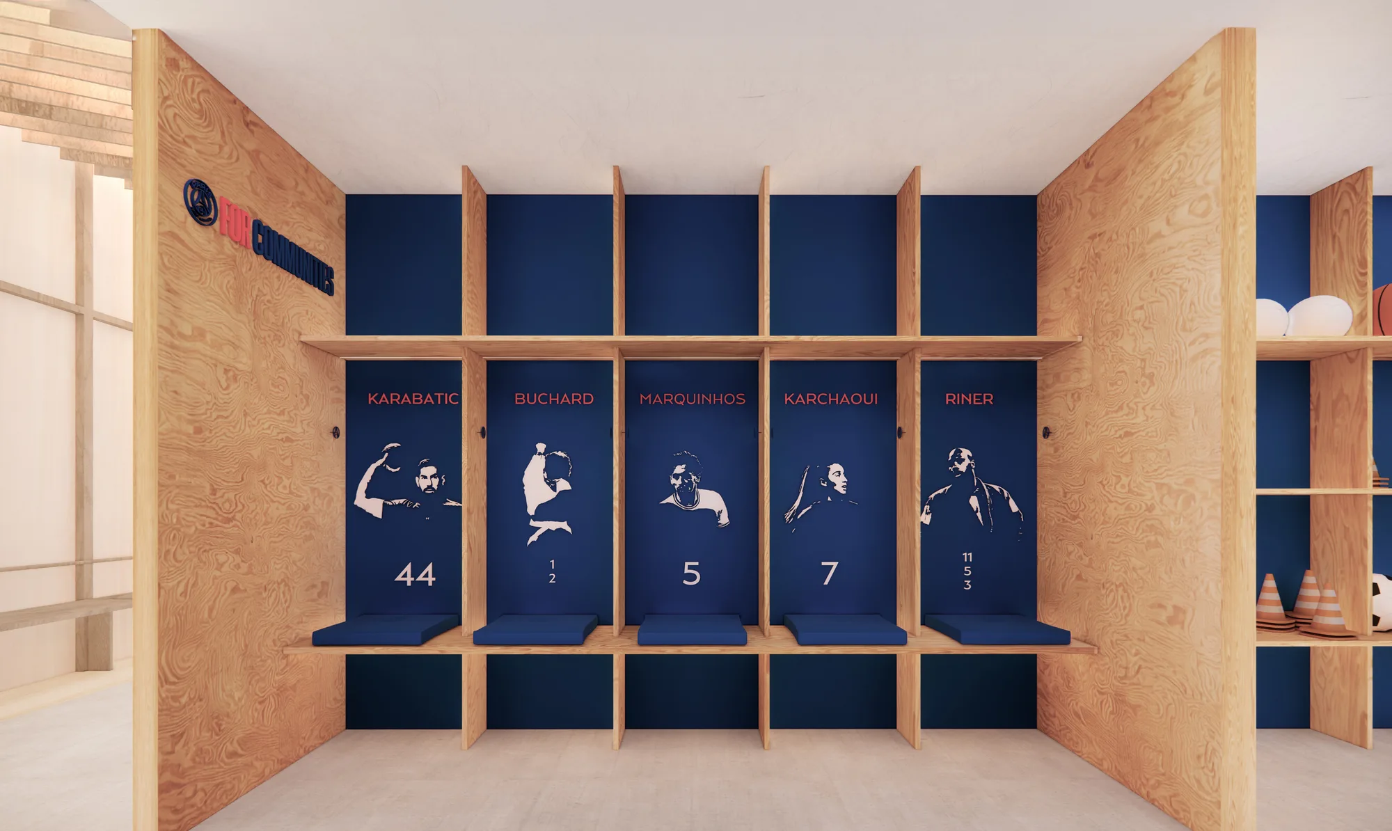 Ambiance intérieure de l'École Rouge & Bleu — espace sport-santé baigné de lumière