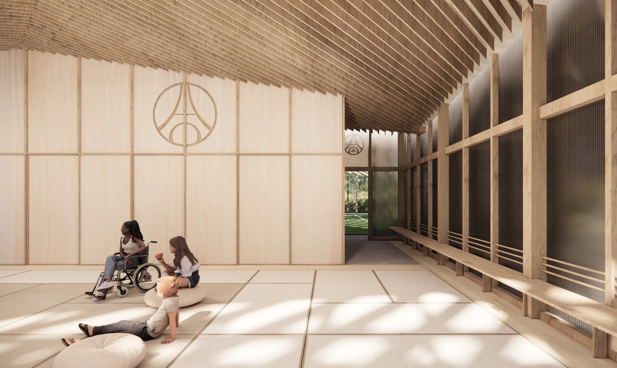 Détail structurel bois et chevrons — signature architecturale Kengo Kuma