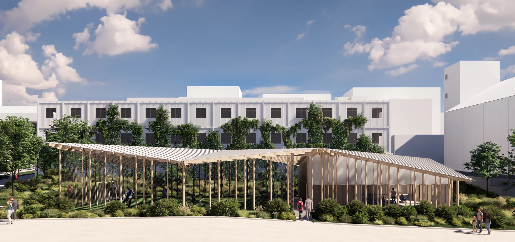 Façade rapprochée de l'École Rouge & Bleu — détail des chevrons bois Kengo Kuma